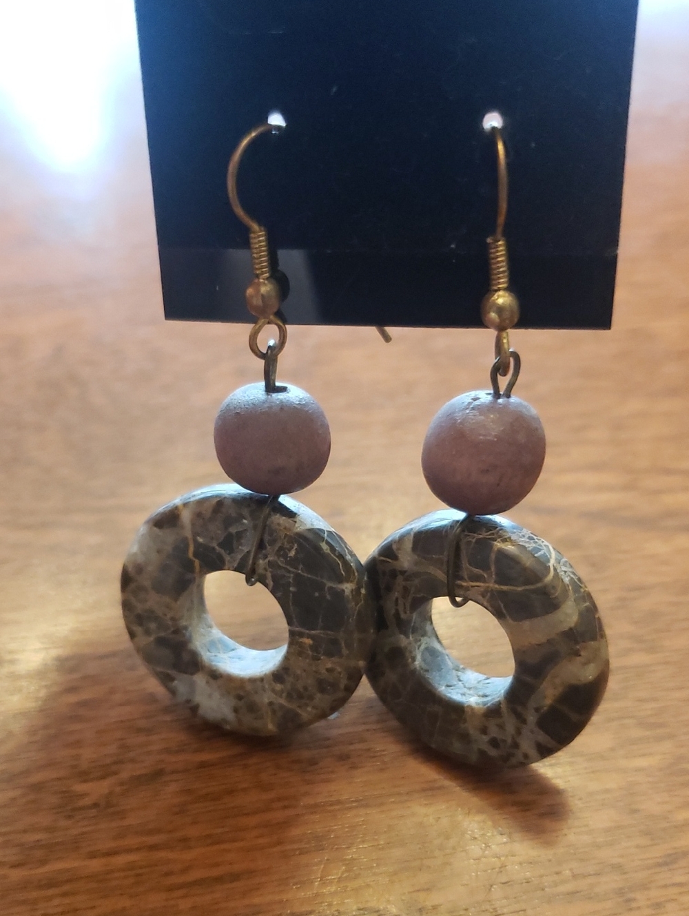 Brown Polished Stone & Wiid Bead Dangle Earrings - 2.25" Drop